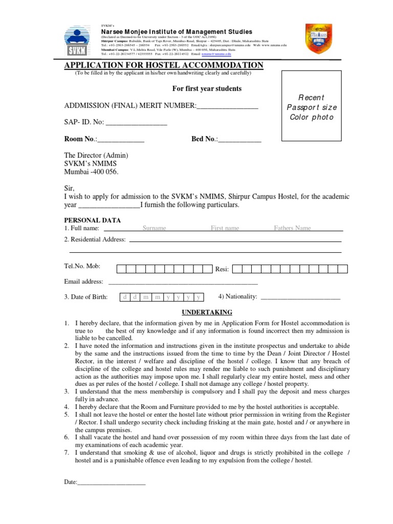 NMIMS Shirpur Hostel Application Form | PDF | Hostel | Affidavit