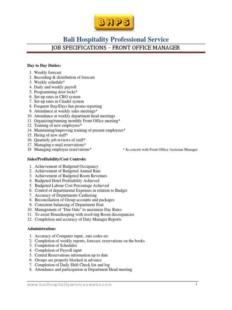Front Office Manager Job Specification Template Employment Budget