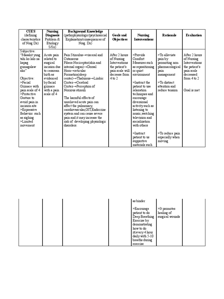 Nursing Care Plan Acute Pain For Ceasarean Birth Hypothetical