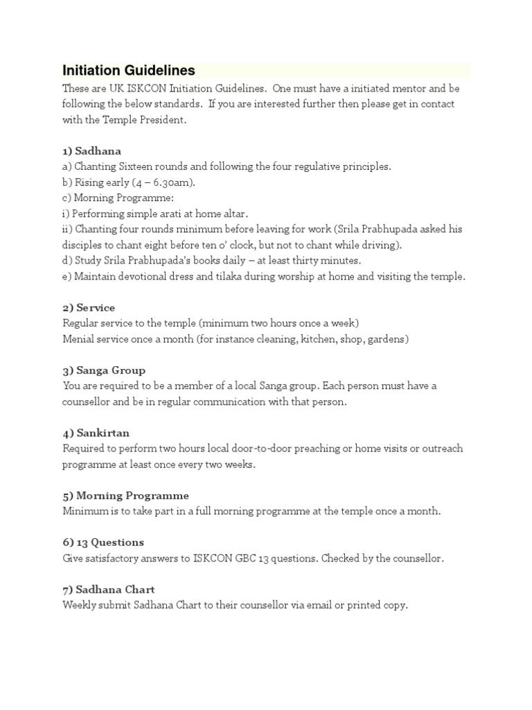 ISKCON Initiation Guidelines Overview | PDF | Guru | Bhagavad Gita
