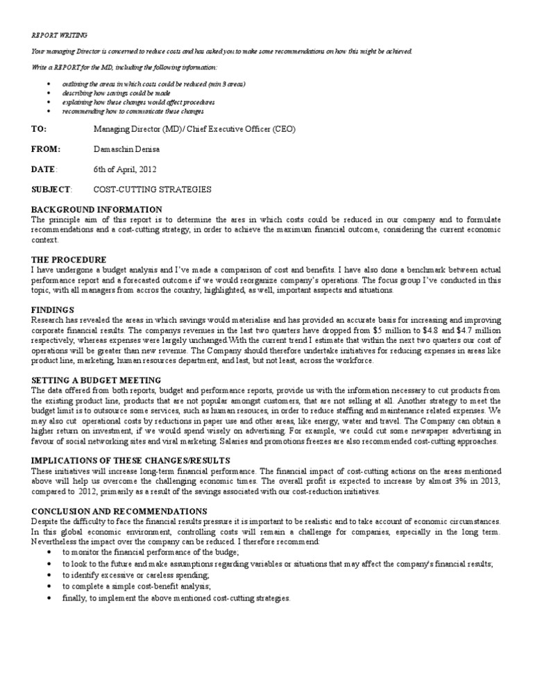 REPORT Cost Cutting PDF Chief Executive Officer Strategic Management