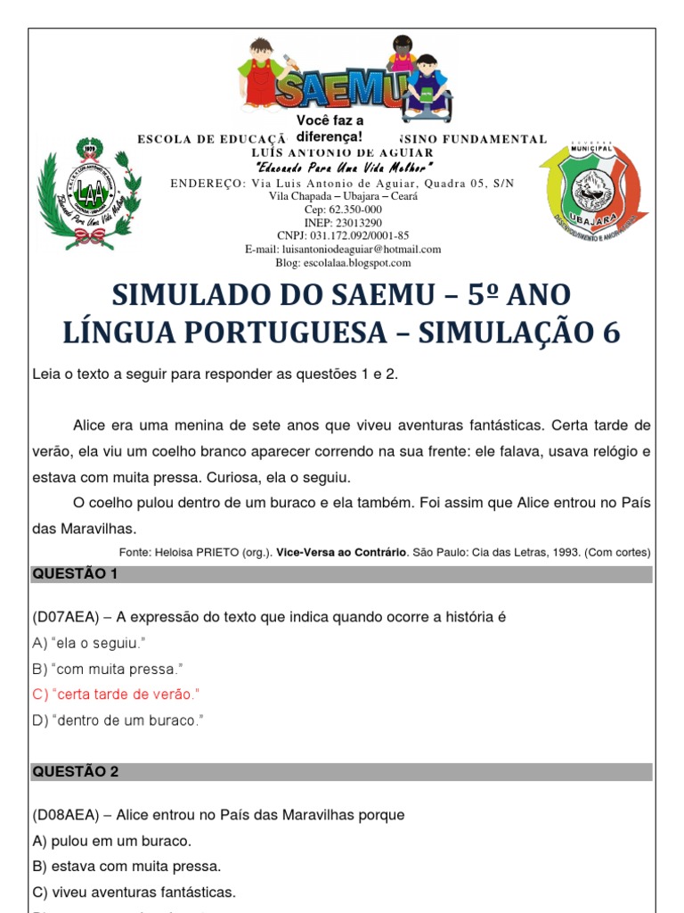 Simulado SAEB 5º Ano - Língua Portuguesa | PDF | Metropolitano | São Paulo