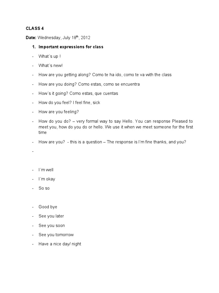 Class 4 Date: Wednesday, July 18 1. Important Expressions For Class | PDF