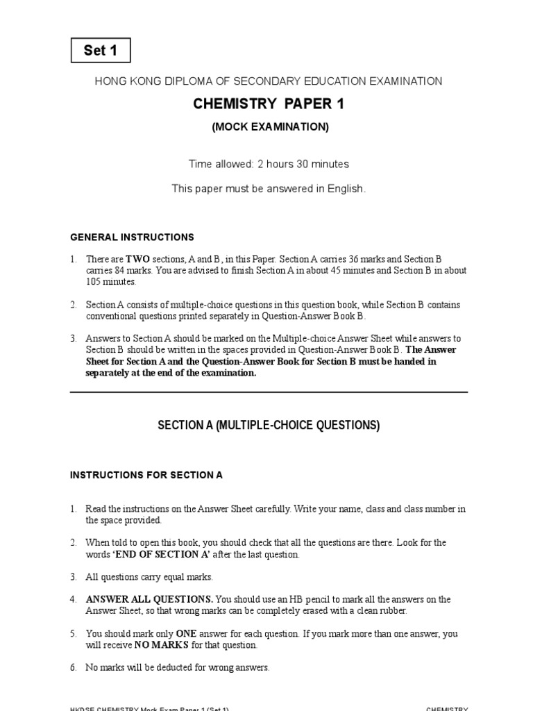 HKDSE Chem FX Mock Exam Paper 1 2012 Set 1 Eng | PDF | Sodium Hydroxide ...
