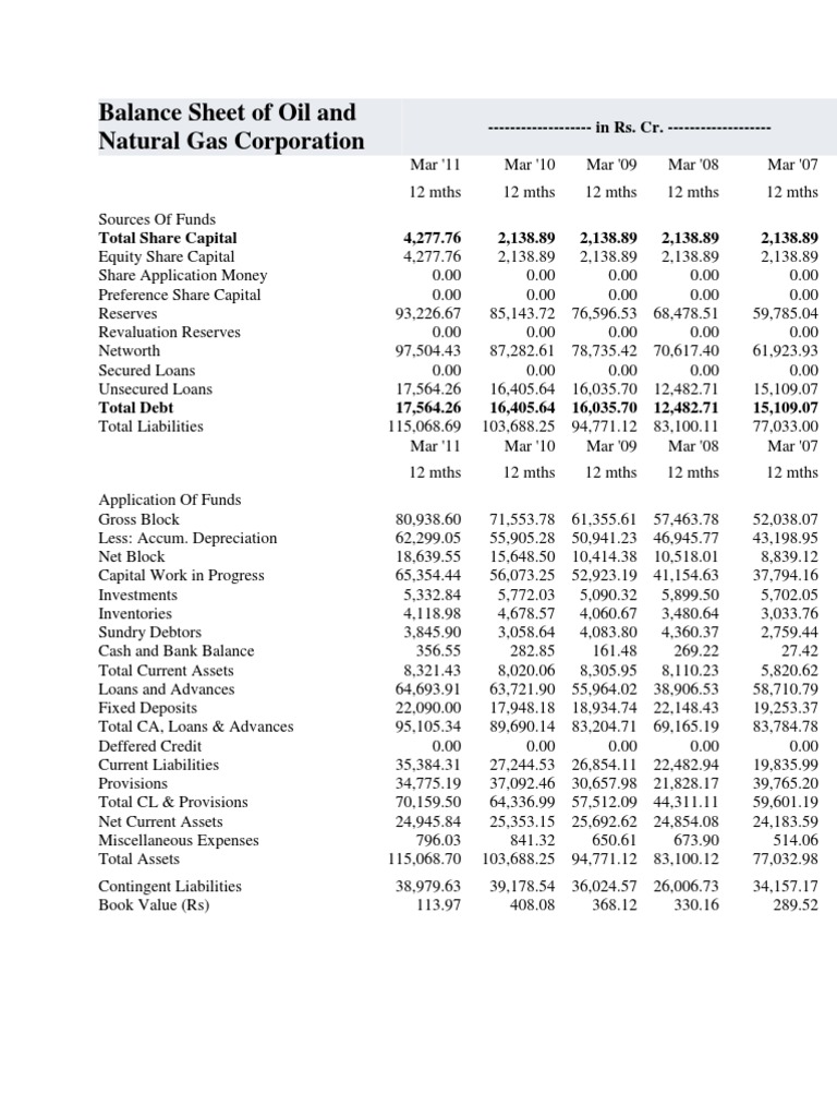 Balance Sheet of Oil and Natural Gas Corporation Balance Sheet Expense