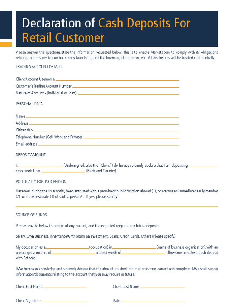 Cash Deposit Declaration Form for Clients | PDF | Business | Law