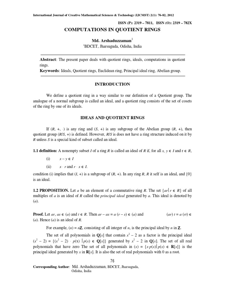 Computations in Quotient Rings PDF Ring (Mathematics) Group