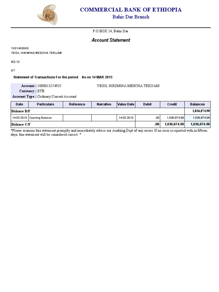 CBE Account Statement Sample PDF | PDF | Debits And Credits | Financial ...