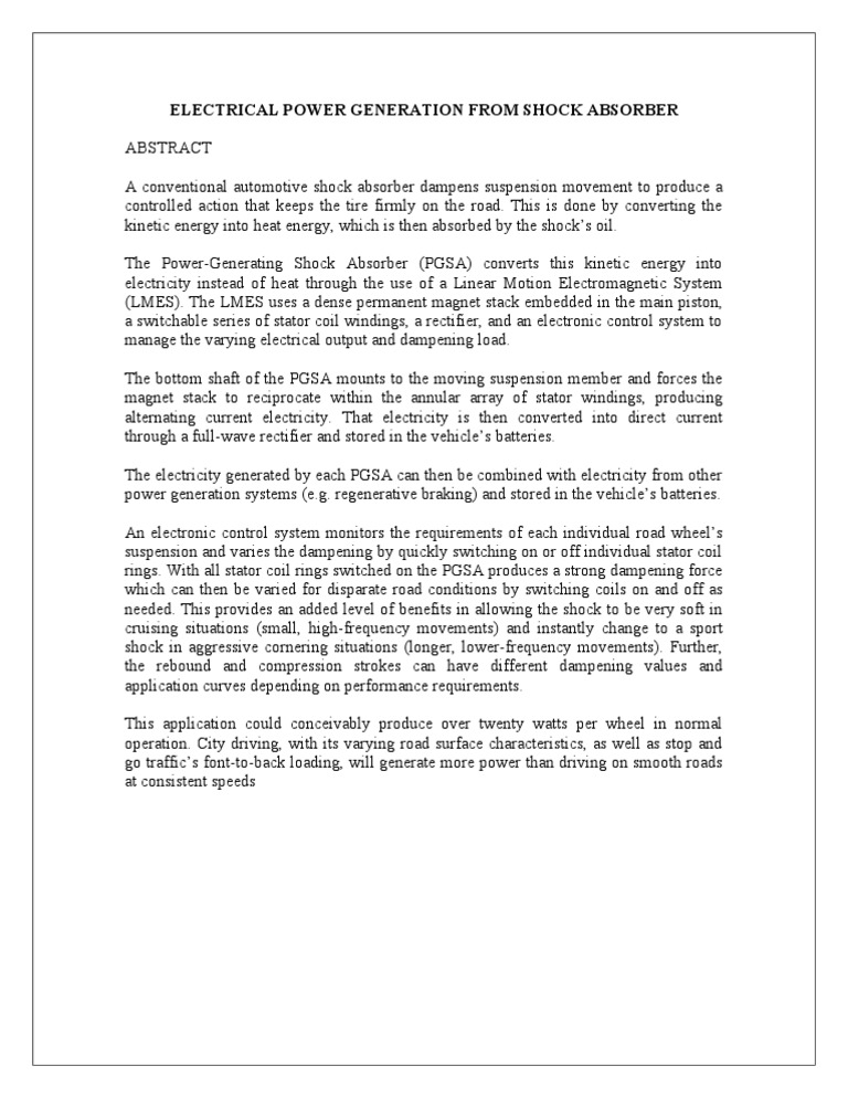 Electrical Power Generation From Shock Absorber PDF Electricity