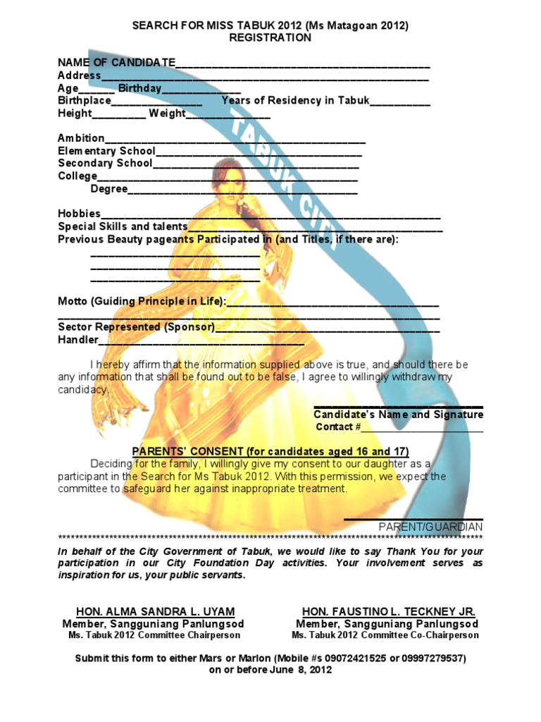 Registration Form For A Beauty Pageant PDF