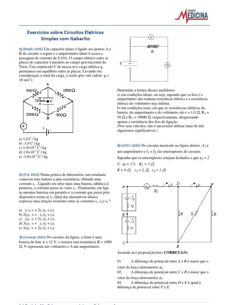 Exercicios Fisica Eletrodinamica Circuitos Eletricos Simples Gabarito | PDF