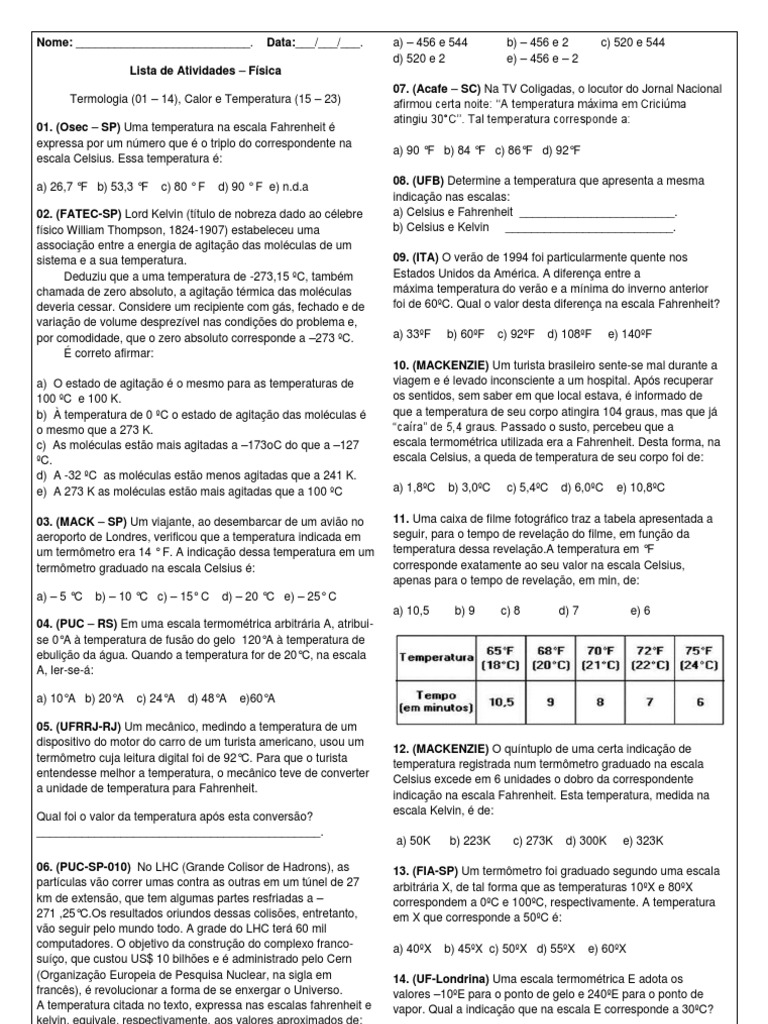 Listão - Física - Termologia, Calor e Temperatura | PDF | Calor | Celsius