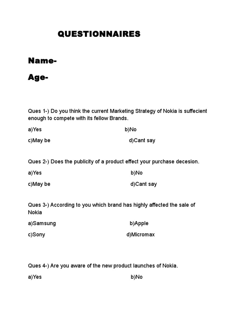 Nokia Marketing Strategy Questionnaire | PDF | Nokia | Brand