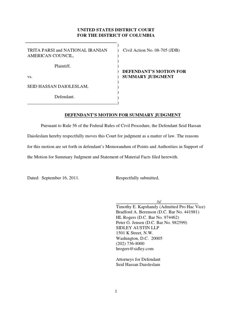 Defendant's Motion For Summary Judgment (9.16.11) Defamation