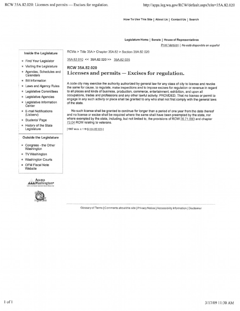RCW 35A.82.020 Licenses and Permits