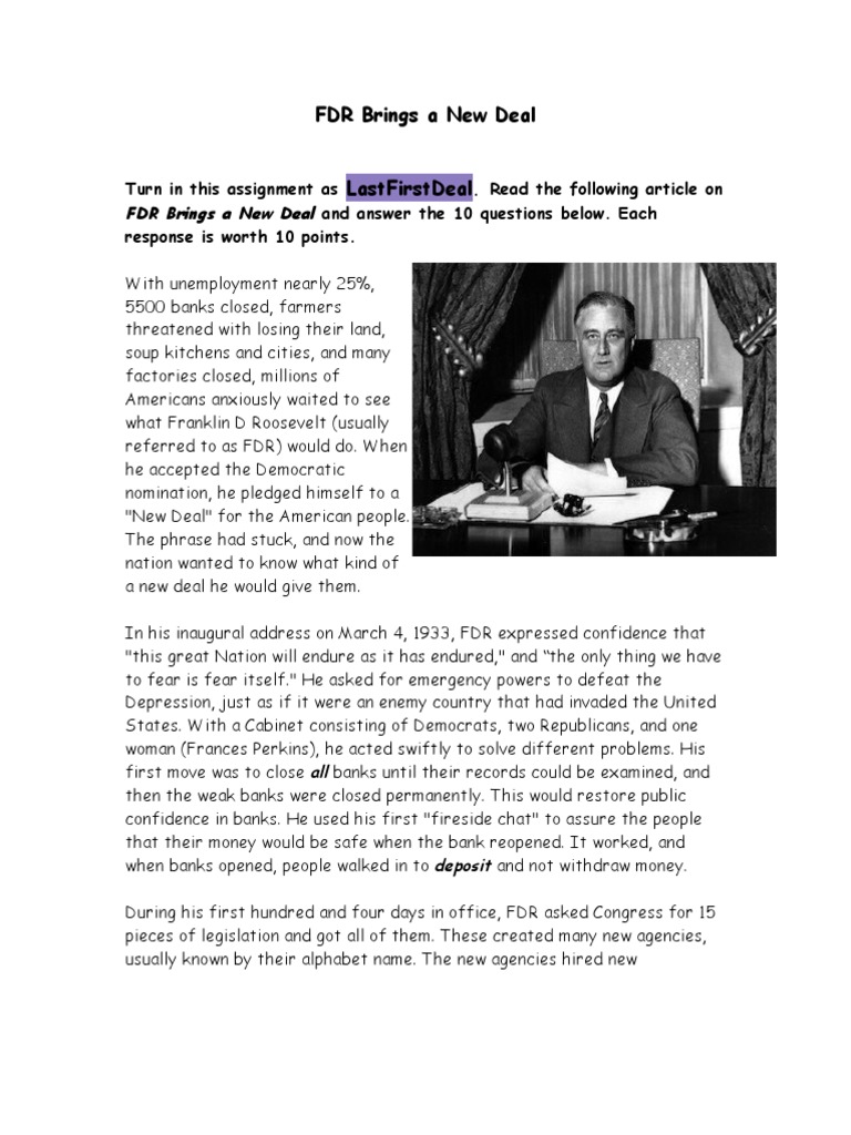 FDR Summary and Worksheet PDF New Deal Franklin D. Roosevelt