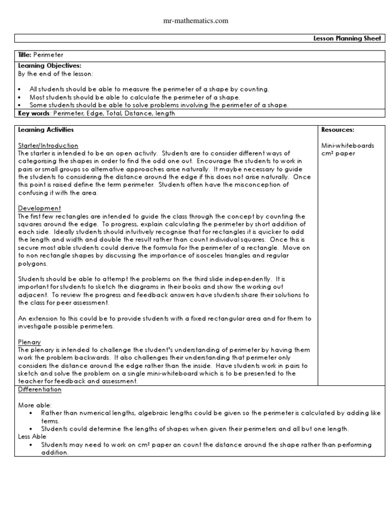 Perimeter lesson plan | Area | Rectangle