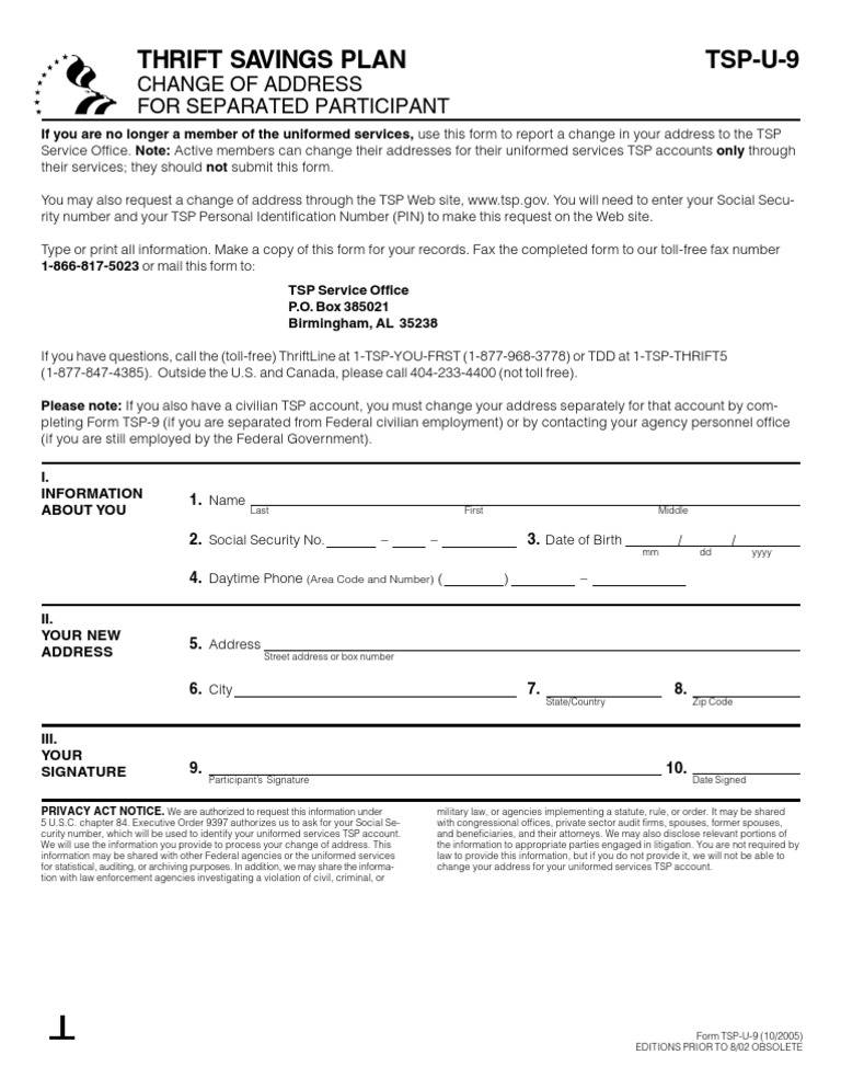 TSP-U-9 Address Change Form | PDF | National Security | Government ...