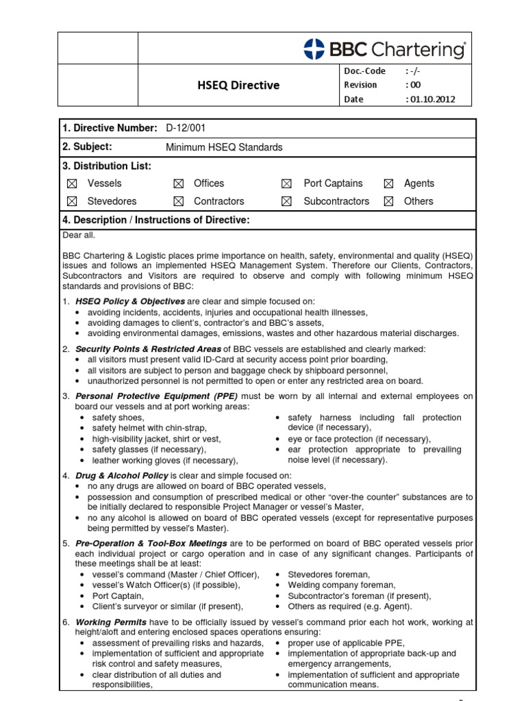 BBC Minimum HSEQ Standards Personal Protective Equipment