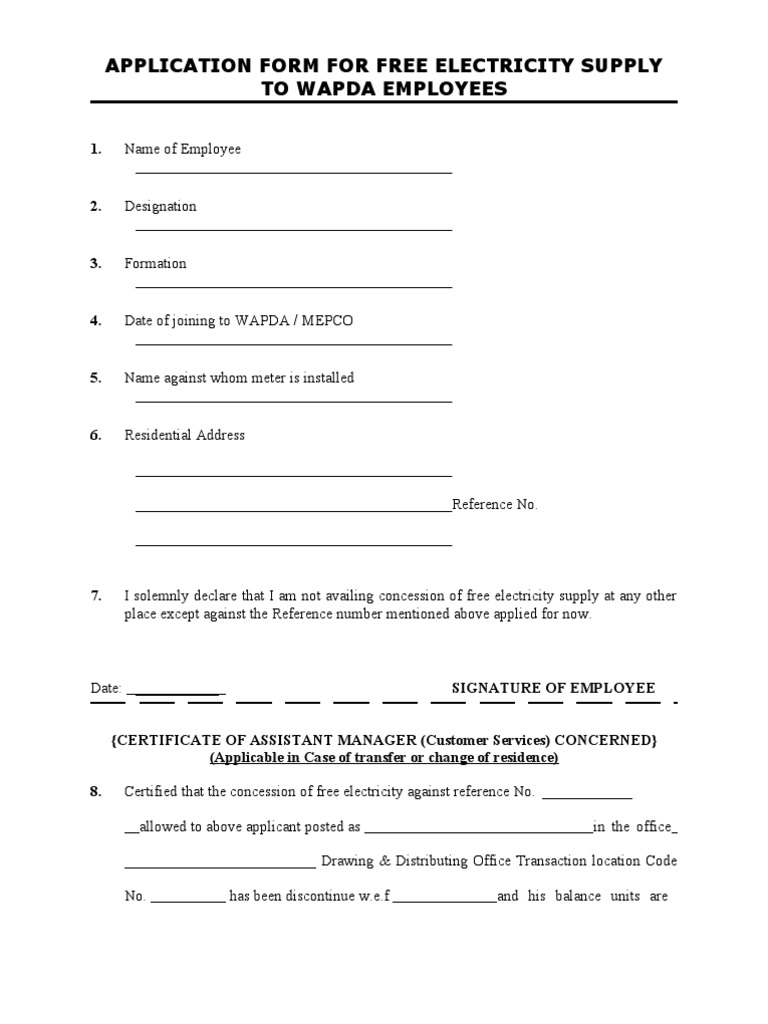 Application Form For Free Electricity Supply To Wapda Employees | PDF ...