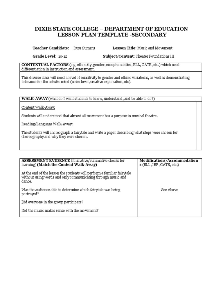 Music and Movement Lesson Plan | PDF | Lesson Plan | Educational Assessment