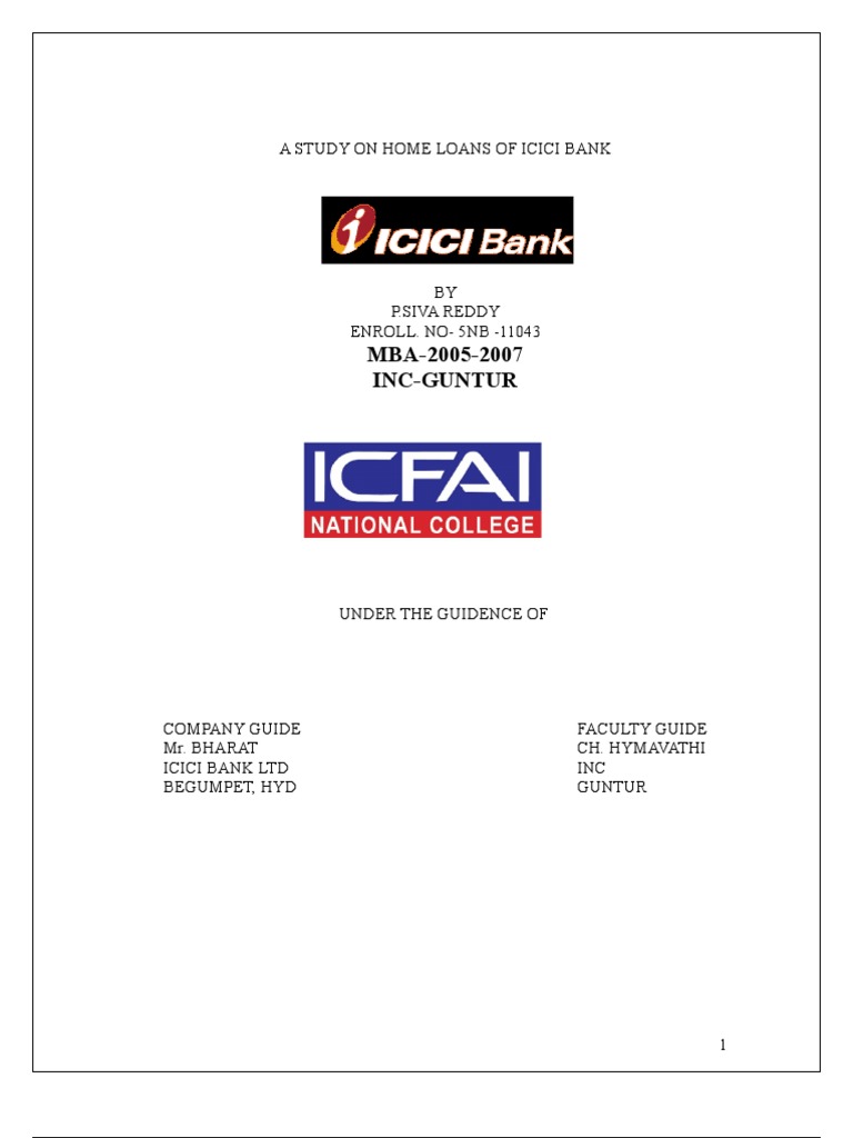 A Study On Home Loans of ICICI bANK | Loans | Mortgage Loan