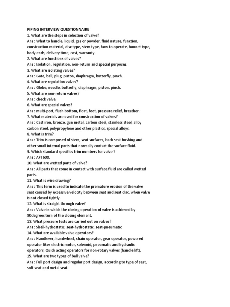 Comprehensive Valve Interview Guide | PDF | Valve | Chemical Engineering