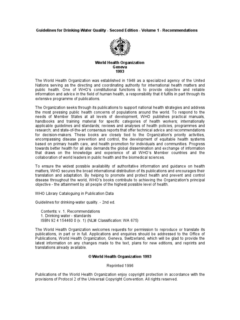Guidelines For DrinkingWater Quality Second Edition Volume 1