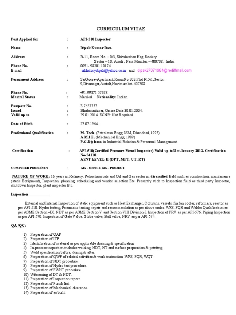 API-510 Inspector Curriculum Vitae | PDF | Heat Exchanger | Pipe (Fluid ...