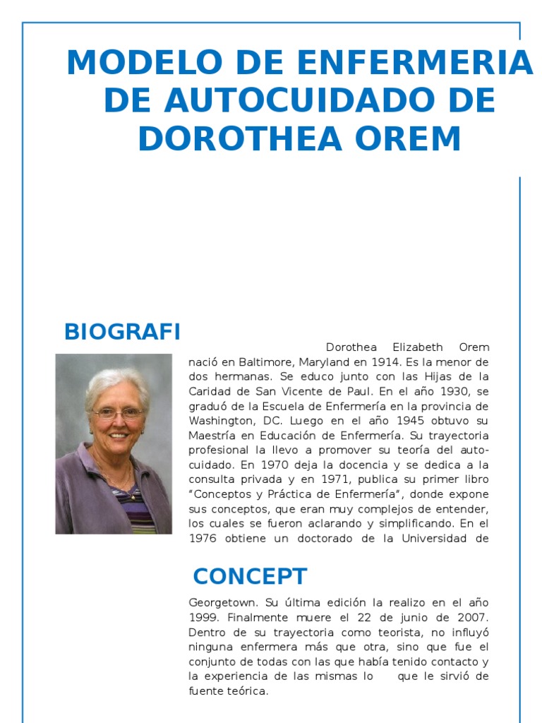 Modelo de Enfermeria de Autocuidado de Dorothea Orem | PDF | Enfermería |  Sicología