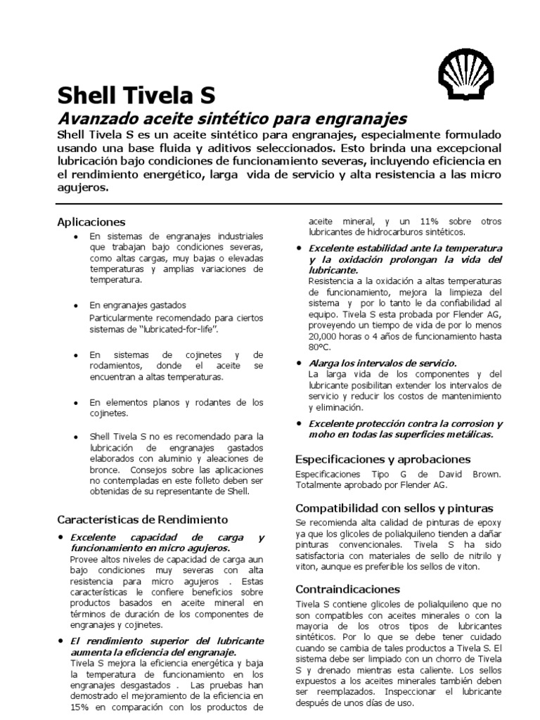 Aceite Sintético Shell Tivela S | PDF | Lubricante | Engranaje