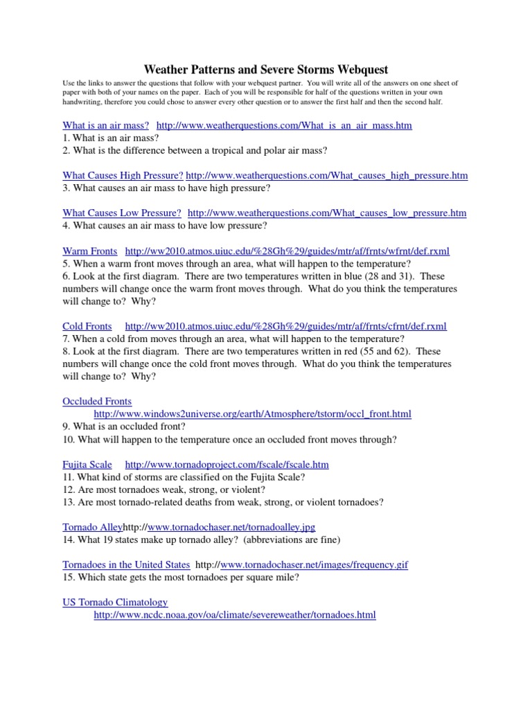 Weather Patterns And Severe Storms Webquest Tornadoes Nature
