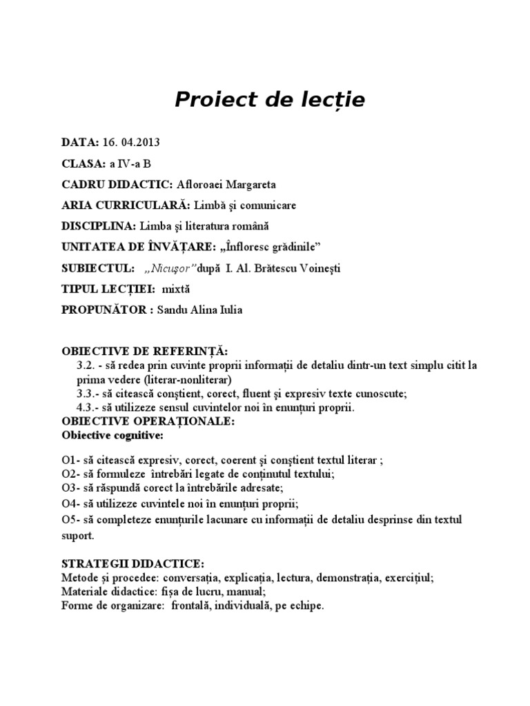 Proiect De Lectie