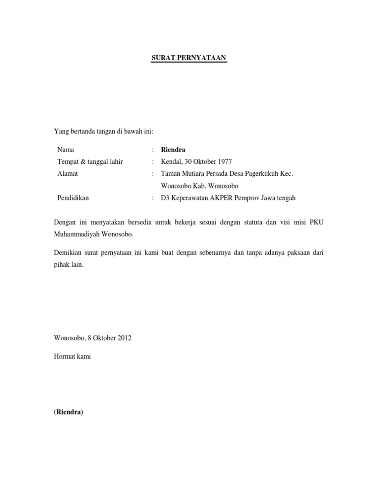 Contoh Surat Pernyataan Statuta | PDF