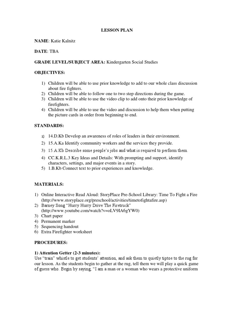 Lesson Plan Fire Fighter PDF Fire Engine Lesson Plan