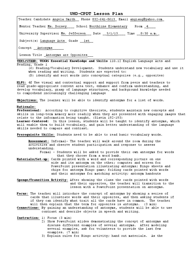 UHD-CPDT Lesson Plan Final 2 | PDF | Lesson Plan | Vocabulary