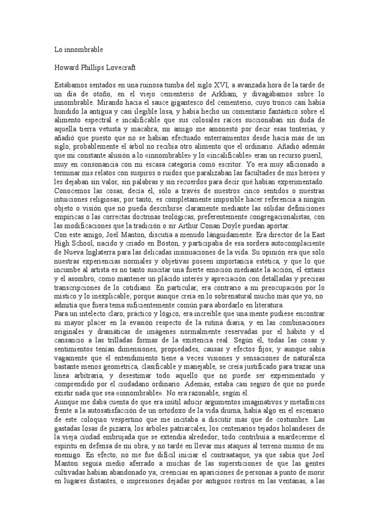 Lo Innombrable HP Lovecraft | PDF | HP Lovecraft | Existencia