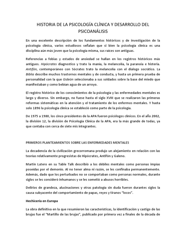 HISTORIA DE LA PSICOLOGÍA CLÍNICA Y DESARROLLO DEL