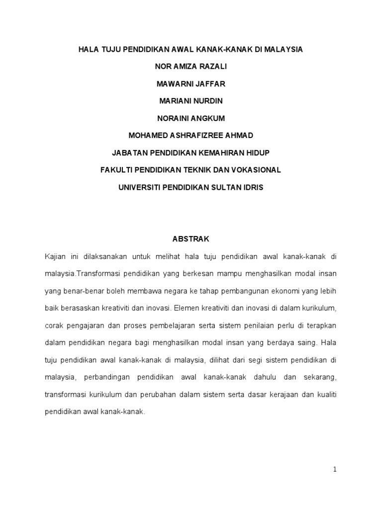 Haja Tuju Pendidikan Kanak Di Malaysia Kumpulan 5 Pdf