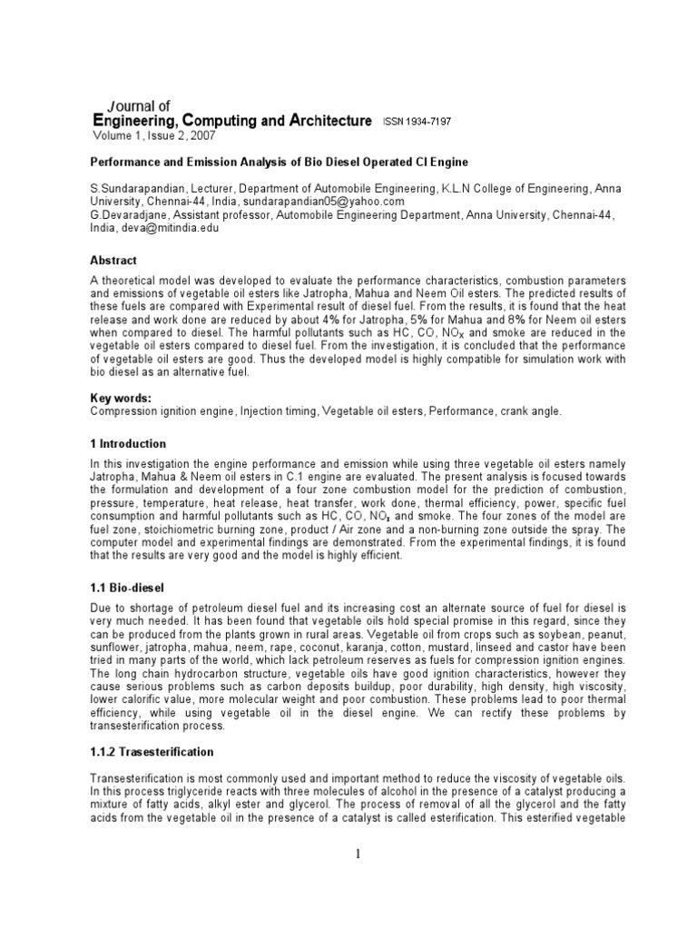 Performance and Emission Analysis of Bio Diesel Operated CI Engine | PDF