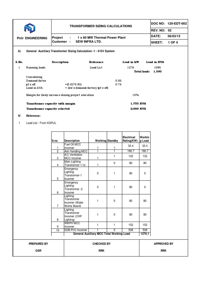 Auxiliary Transformer Sizing Guide | PDF | Power Station | Transformer