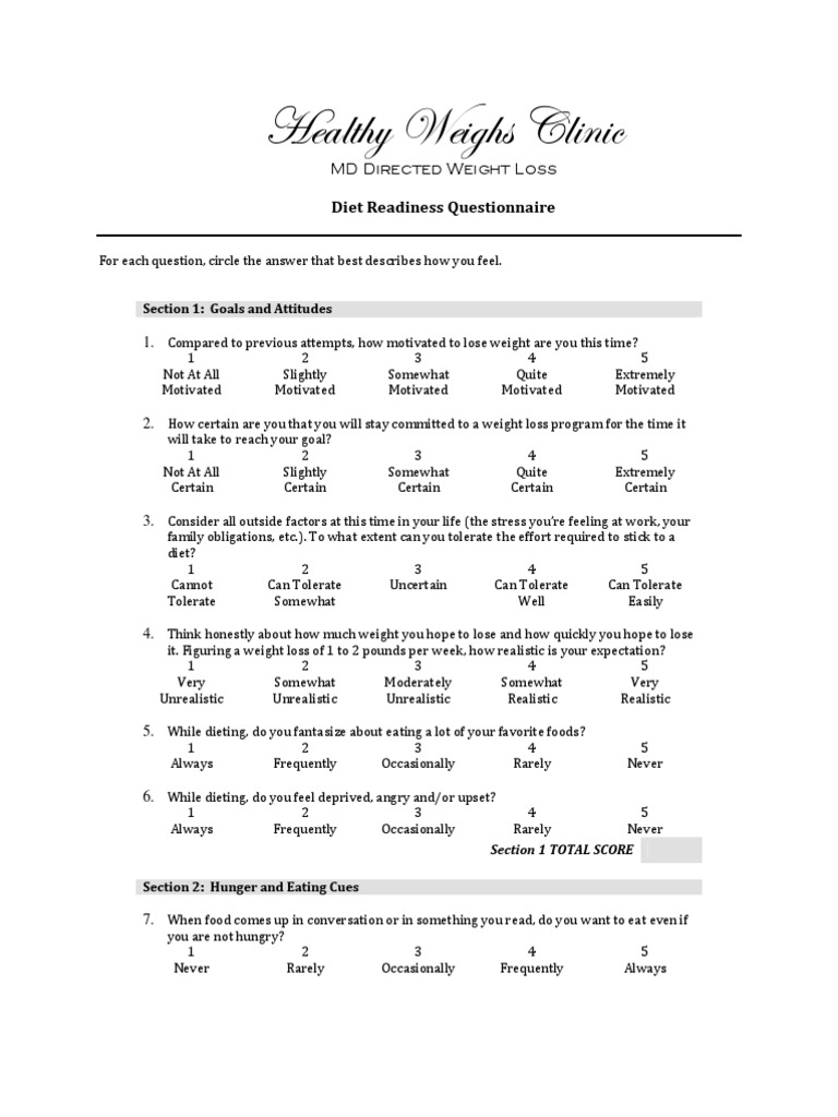 Diet Readiness Questionnaire | PDF | Eating | Dieting