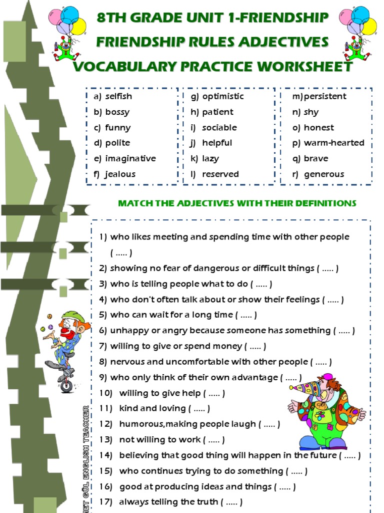 8th Grade Unit 1 Friendship Rules Vocabulary Adjectives Meanings Matching Worksheet
