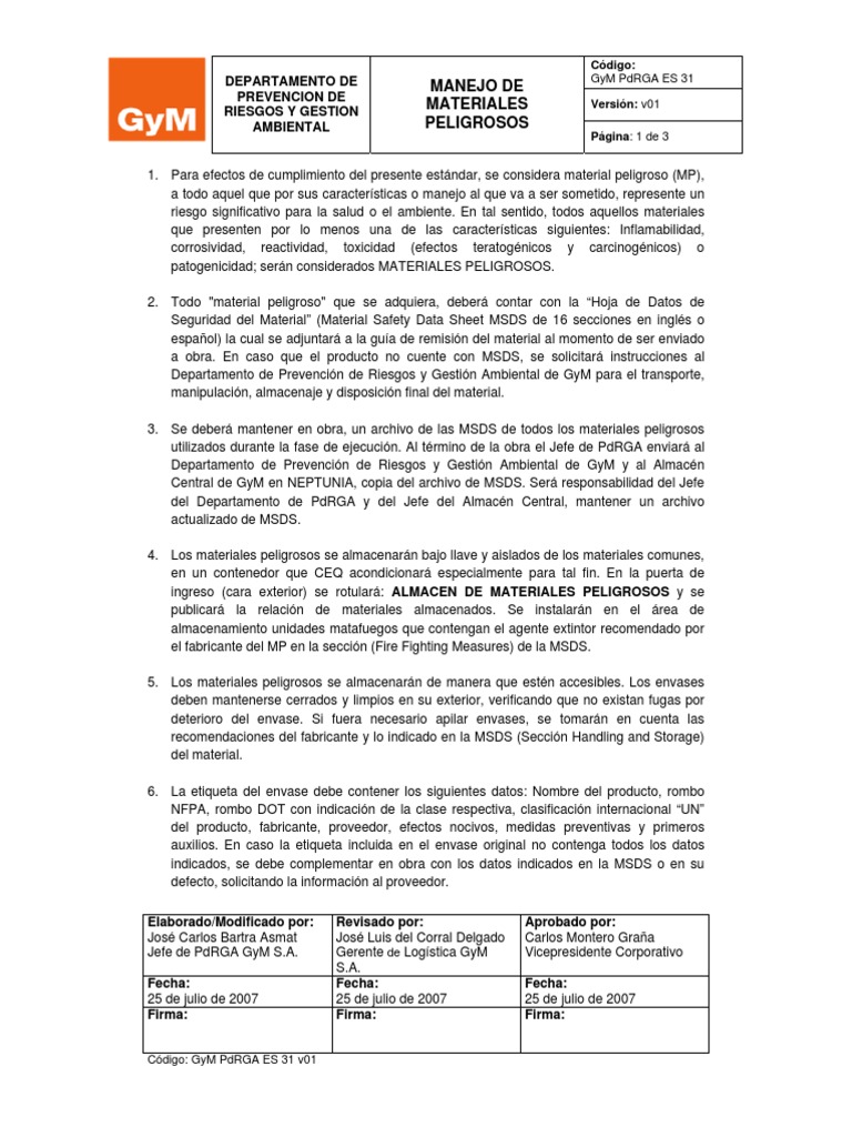 Manejo Seguro de Materiales Peligrosos | PDF | Mercancías peligrosas ...