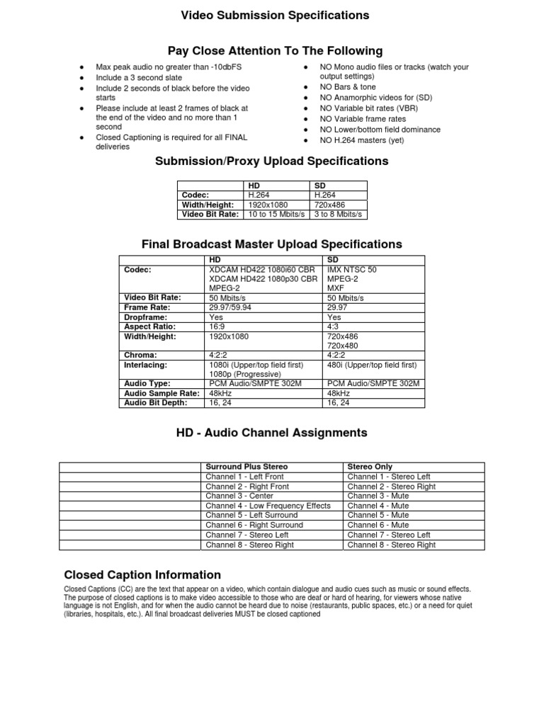 Video Submission & Broadcast Specs | PDF