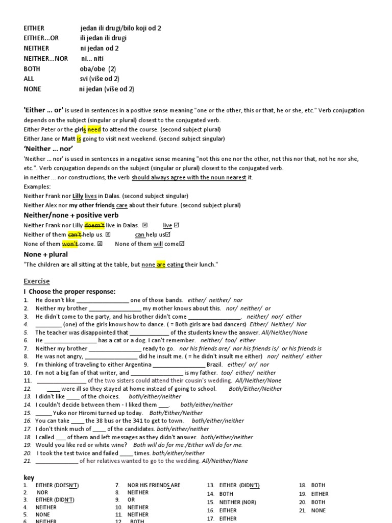 Understanding Either, Neither, and Both | PDF | Grammatical Number |  Grammatical Conjugation