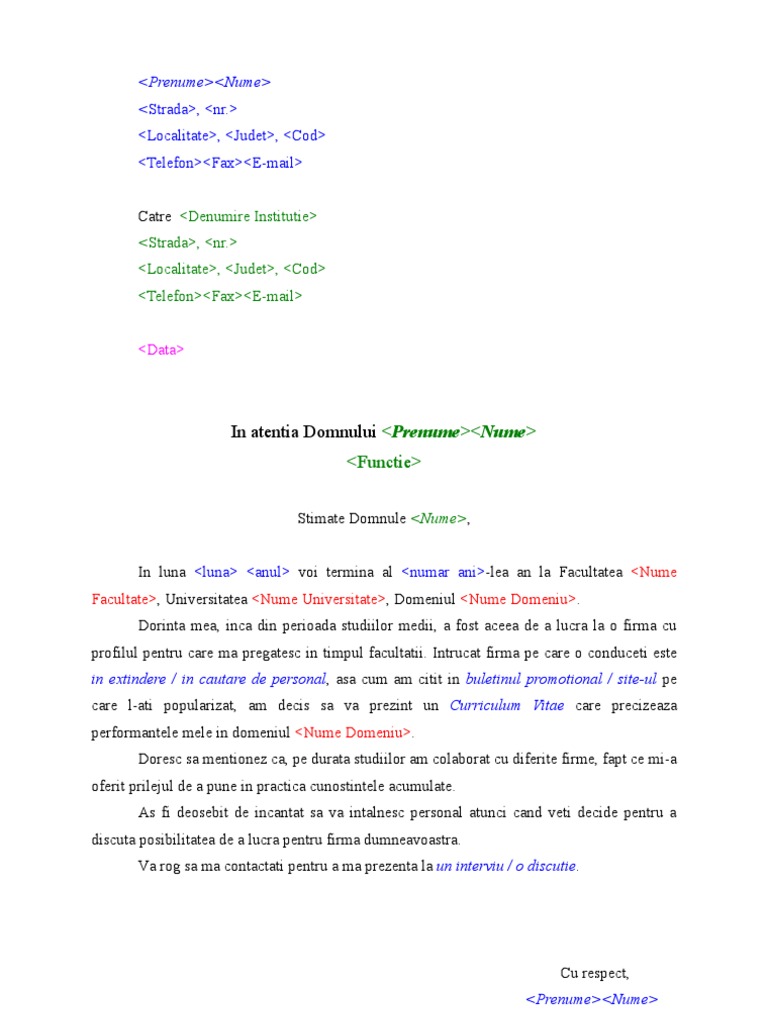 Model Scrisoare Prezentare