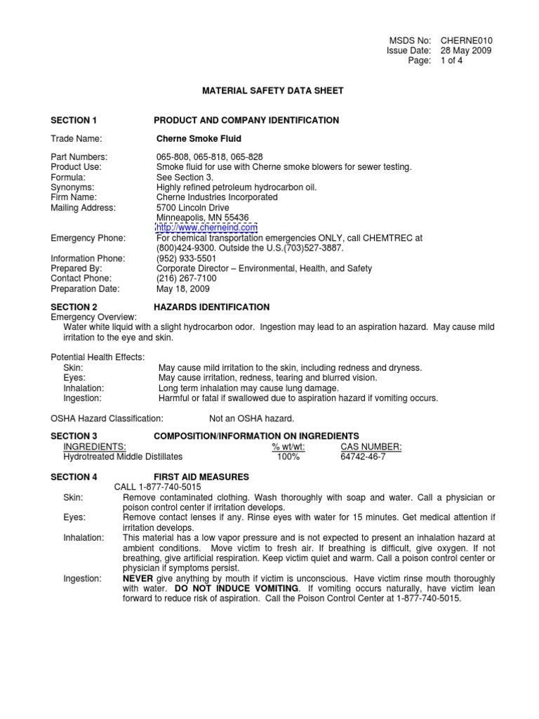 Cherne Smoke Fluid MSDS PDF Toxicity Firefighting