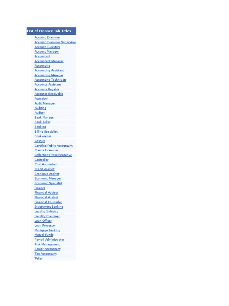 List Of Finance Job Titles Banks Loss Mitigation