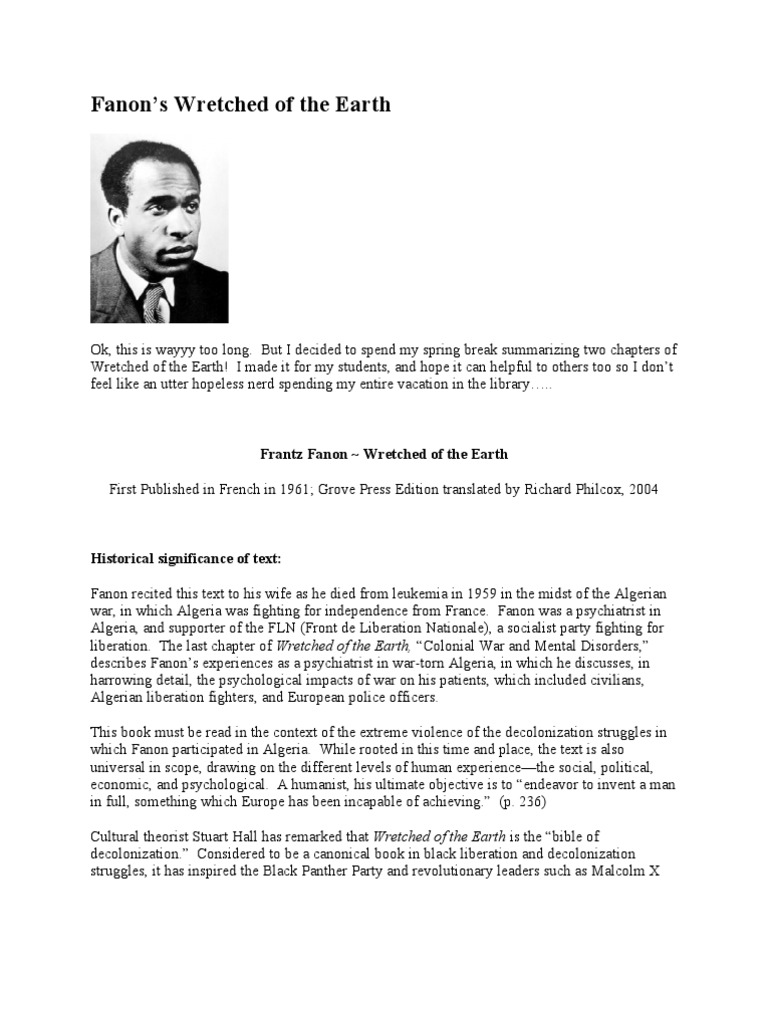 Summary of Fanon's Wretched of the Earth | PDF | Frantz Fanon | Colonialism